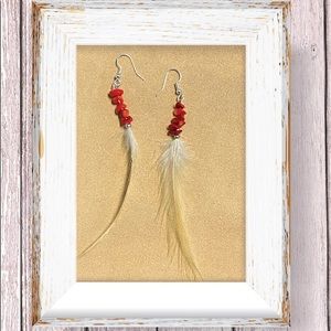 Natural Feather & Red Jasper Earrings